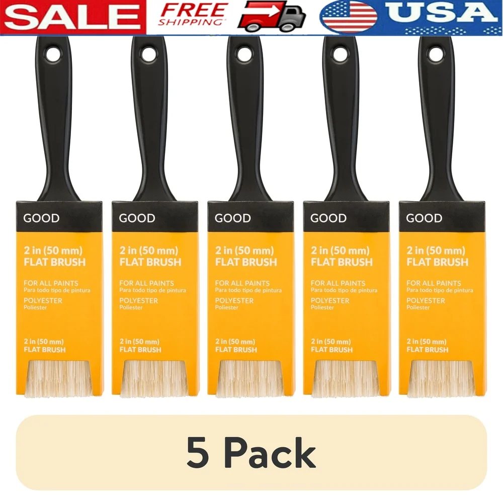 5 Pack 2 Inch Polyester Flat Brushes Lightweight Reusable Paint Applicators Easy Grip Hollow Bristles Smooth Coating Versatile