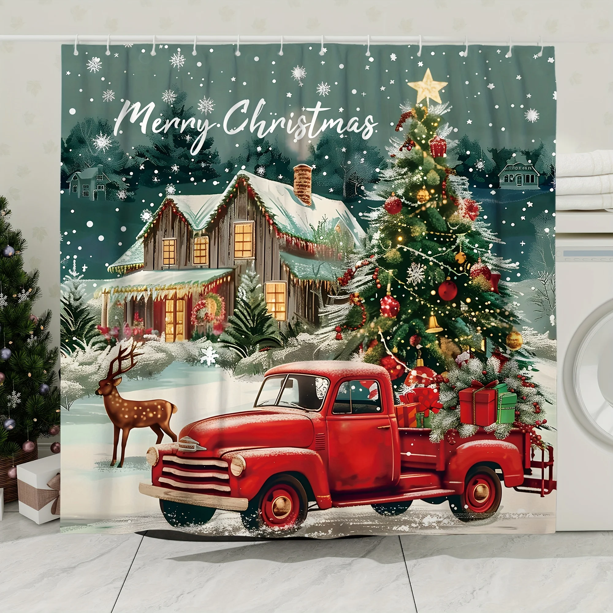 4Pcs Xmas Bath Set, Tree Truck Deer, Farmhouse Red Green, Holiday Shower Decor, 12 Hooks, Non-Slip Mat, U-Shaped Cover