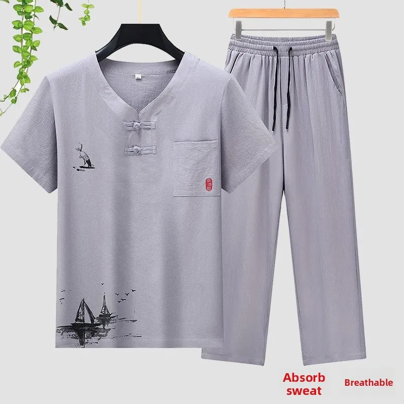 

Мужской летний хлопковый дышащий спортивный костюм с коротким рукавом для мужчин среднего и старшего возраста, больших размеров, повседневный, ветрозащитный