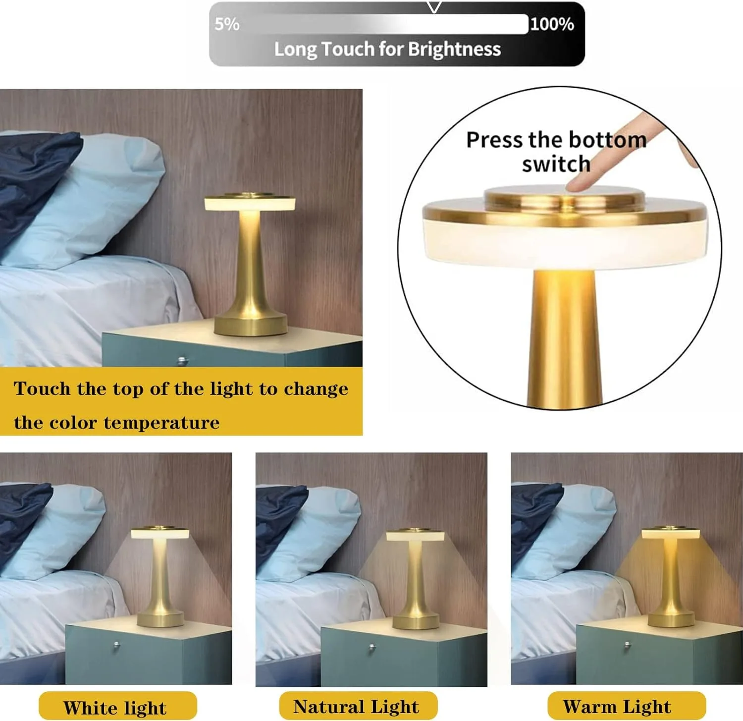 Portable Metal LED Table Lamp Table Lamp with Touch Sensor, Three Color Temperature Control Dimming, Rechargeable Pool Night Lig