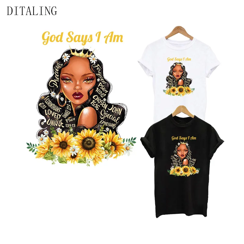 Afro Girl Patch For Clothing God Says I Am DIY T-Shirt Hoodies Sticker Black Women Thermal Stickers For Clothes Iron On Patches