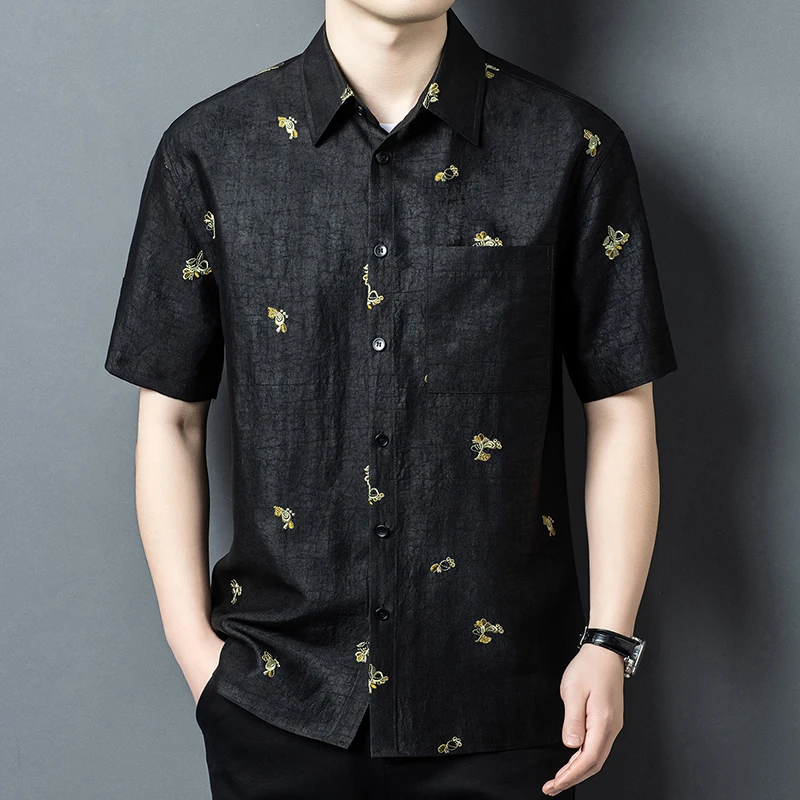 Gambiered Canton Gauze Shirts For Men Short Sleeve Embroidery Summer Quality Geniune Silk 100% Softness Pocket Camisas De Hombre