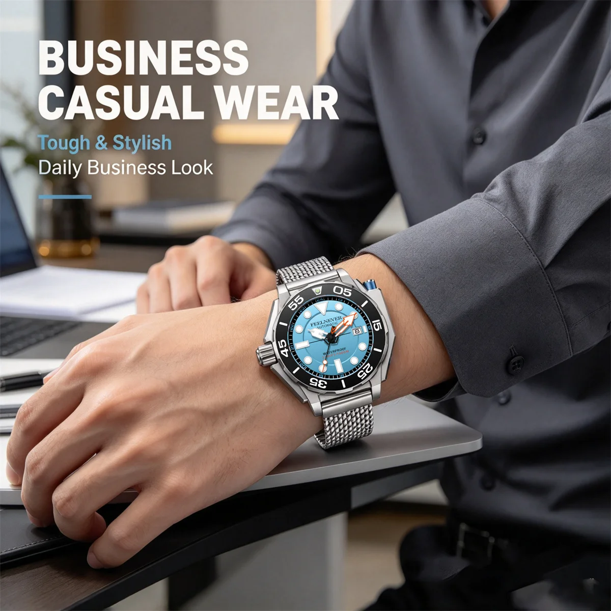 FeelNever Top Brand Luxury Automatic Watch For Men Fashion Business Watch Men 1000M Waterproof Men's Mechanical Wristwatches view 5