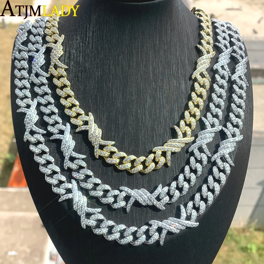 

Micro Pave 5A CZ Iced Out Bling Men Miami Cuban Chain Bling CZ Barbed Wire Choker Necklace Hip Hop Silver Color Jewelry