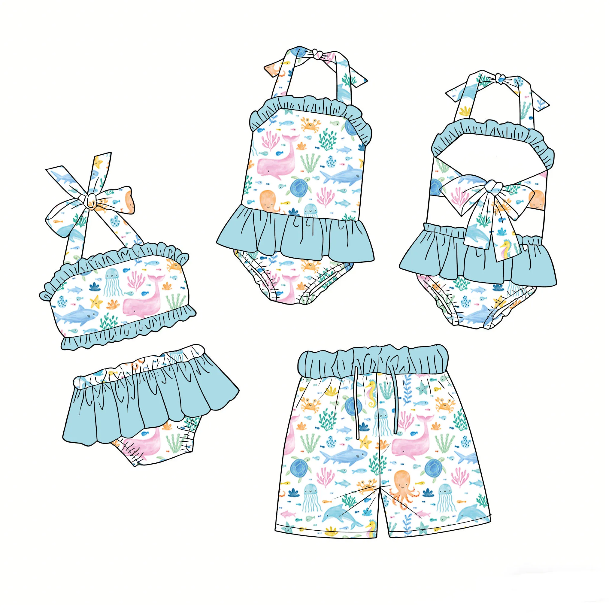Children's Swimsuit Set with Halter Neck Tie and Ruffles Matching Boys' Swim Trunks Various Underwater Animal Prints Custom