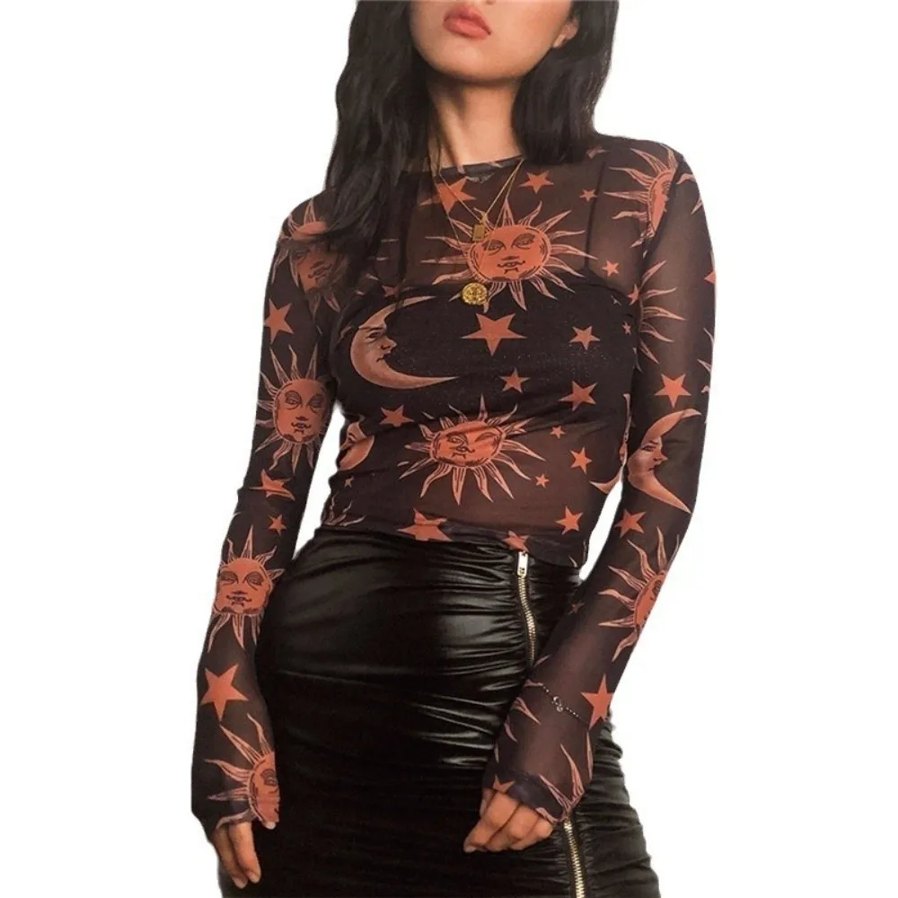 Retro Sun Moon Printed Transparent Mesh T-Shirt O-Neck Thin Crop Top Breathable Slim Fit Long Sleeve T-Shirt