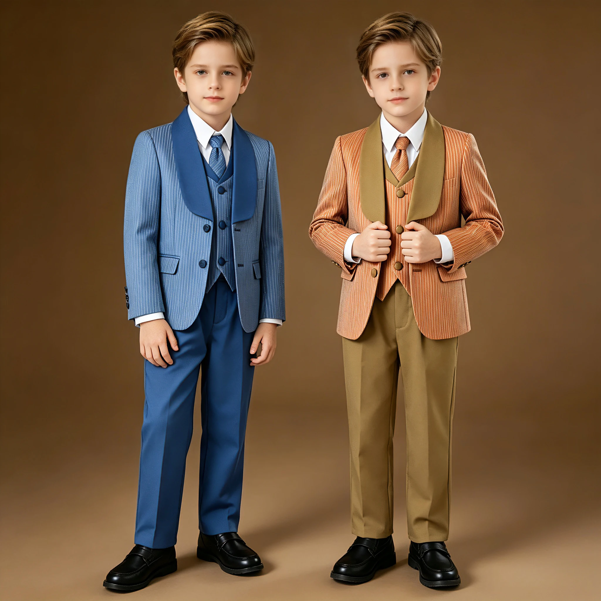 Boys Elegant Striped Suit Set Shawl Collar Jacket Vest Trousers with Tie Kids Wedding Ring Bearer Piano Recital Outfit 4-14Y