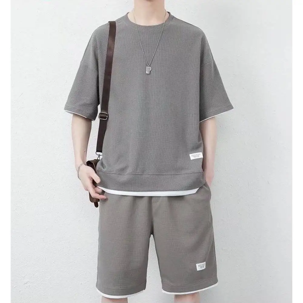 Men Tracksuit Sets Summer New Linen Fabric Tshirt & Shorts Sportwear Suit Fashion Mens Waffle Crewneck Tees Short Pants Outfits