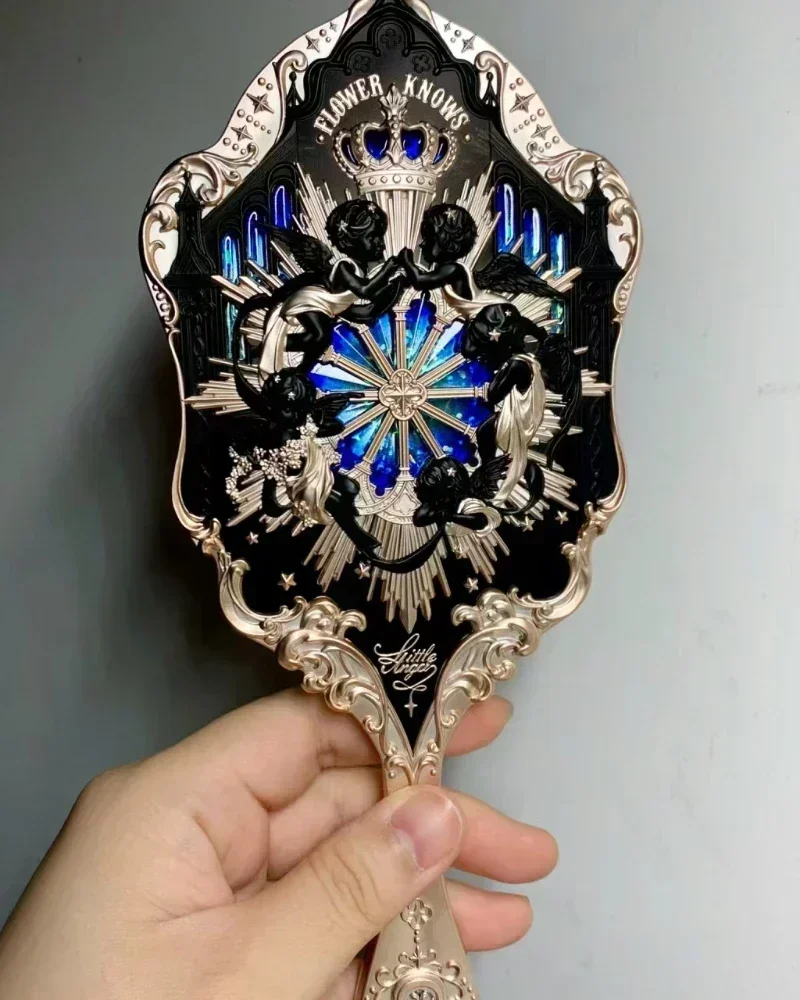 Flower Knows Little Angel Series Handheld Mirror Pocket  Exquisite Relief Luxurious Retro Style Vanity Delicate  Makeup Tools