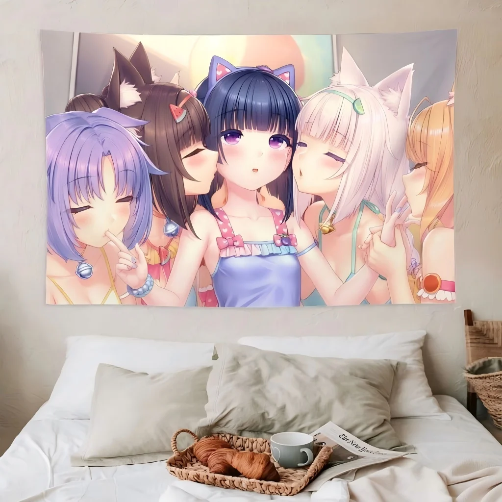 1pc N-Nekopara Group Neko Maid Tapestry Fruit Hair Clip Heart Camisole Print Wall Hanging Pastel Kawaii Decor Teen Bedroom Otaku