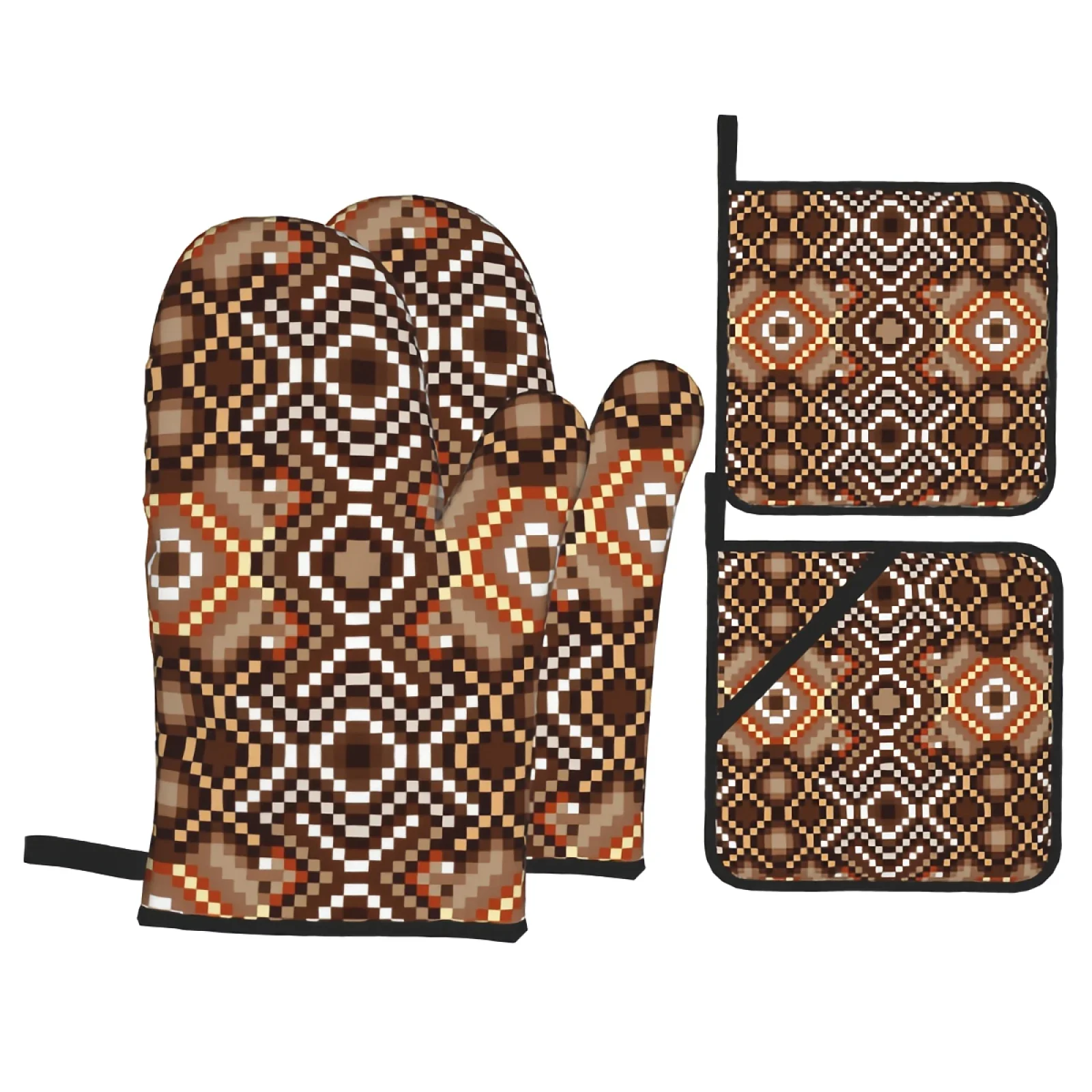 Oven Mitts and Pot Holders Set Retro Style Kitchen Mittens with Potholders Surface for Baking Cooking BBQ