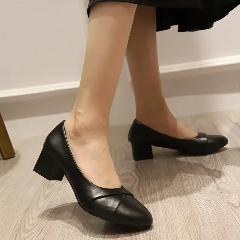 Sharp pointed, thick heeled women's shoes with a shallow mouth, versatile and stylish work shoes, fashionable women's shoe list