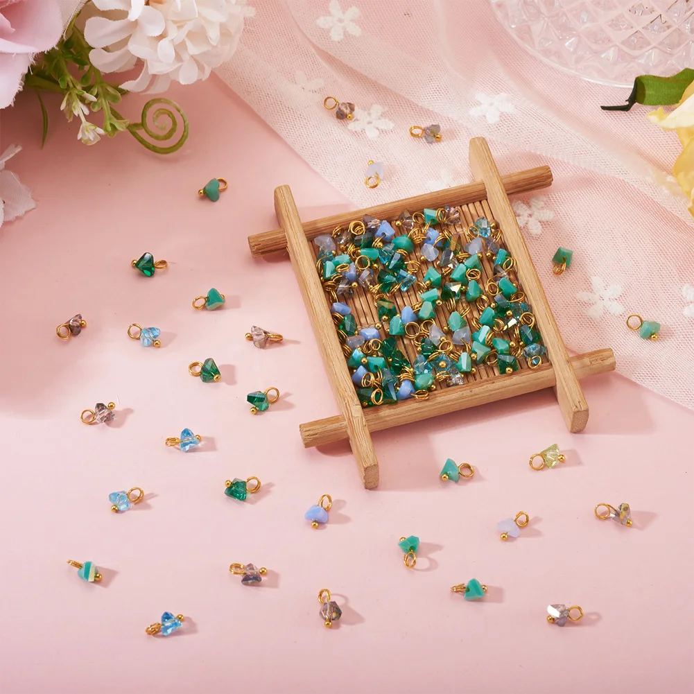 Pandahall 100pcs Triangle Electroplate Glass Charms with Brass Ball Head Pins For Necklace Bracelet Earring Jewelry Making Gift