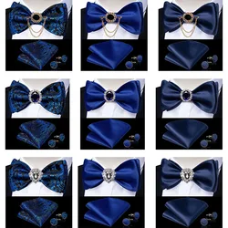 Royal Blue Men's Self-Bowtie Solid Navy Color Paisley Ties Set Fashion Cravat Brooch Men Butterfly Knot Bow Tie Accessories Gift