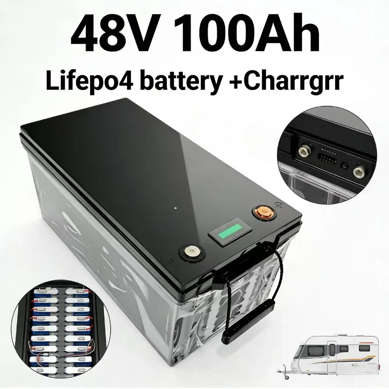 48V 100Ah LiFePO4  Iron Phosphate Battery Pack + 10A Smart Charger - Rechargeable Deep Cycle Battery for Solar Panel Inverter, R