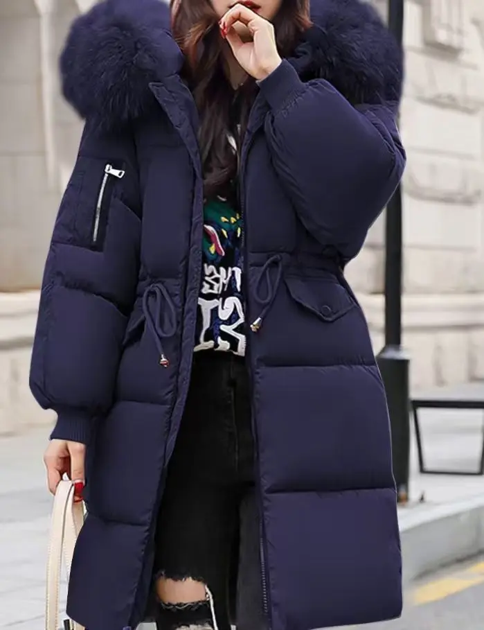 Korean Fashion Winter Solid Color Long-sleeved Down Cotton Jacket Women Bread Fur Collar 2026 New Korean Version Thickened Coat
