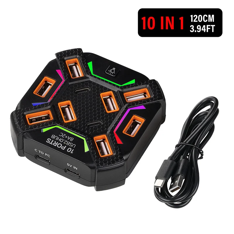 10 Ports USB Hub with RGB Light, 8 USB-A + 2 Type-C, High Speed Splitter with 120cm Cable for Laptop PC Gaming