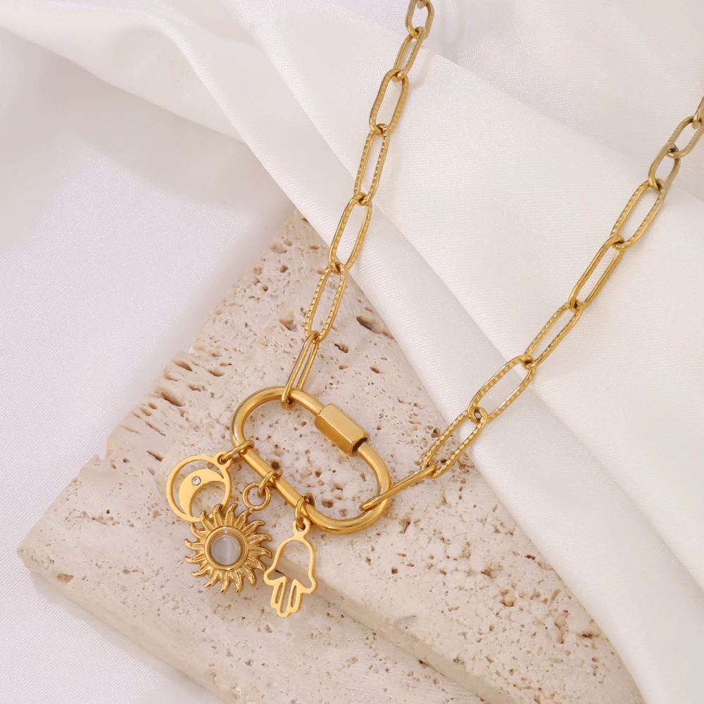 316L الفولاذ المقاوم للصدأ المشبك قلادة قلادة للنساء الشمس القمر الفيروز القلب سلسلة بدلاية القلائد مجوهرات هدية