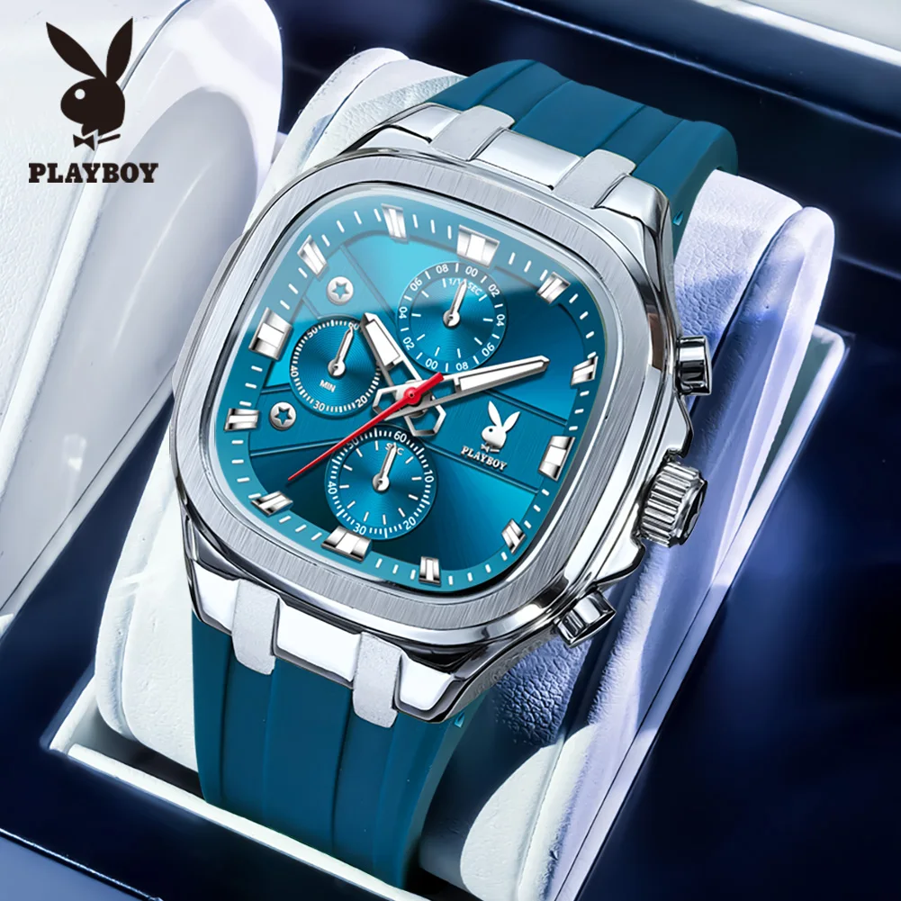 

PLAYBOY 3076 Кварцевые часы-хронограф с квадратным корпусом, силиконовым ремешком, водонепроницаемые, люксовые, спортивные, повседневные, светящиеся наручные часы