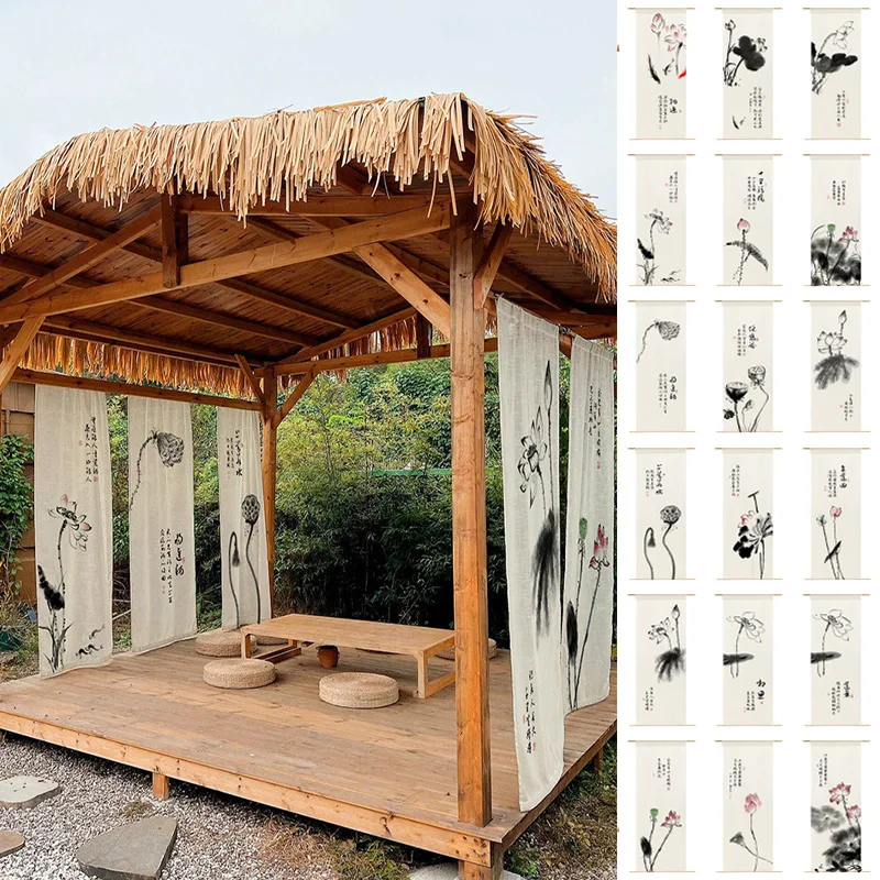Chinese Lotus Ink Wash Painting Semi‑Sheer Gauze Hanging Curtain Decorative Background Cloth For Tea House Courtyard Hut Decor