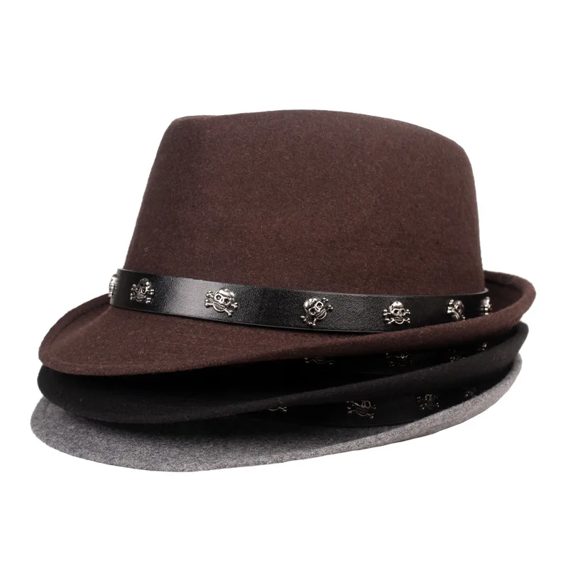 QBHAT Classic Top Hat Spring Winter Men Short Brim Felt Fedora Hat with Skull Belt Black Panama Vintage Trilby Gentleman Cap