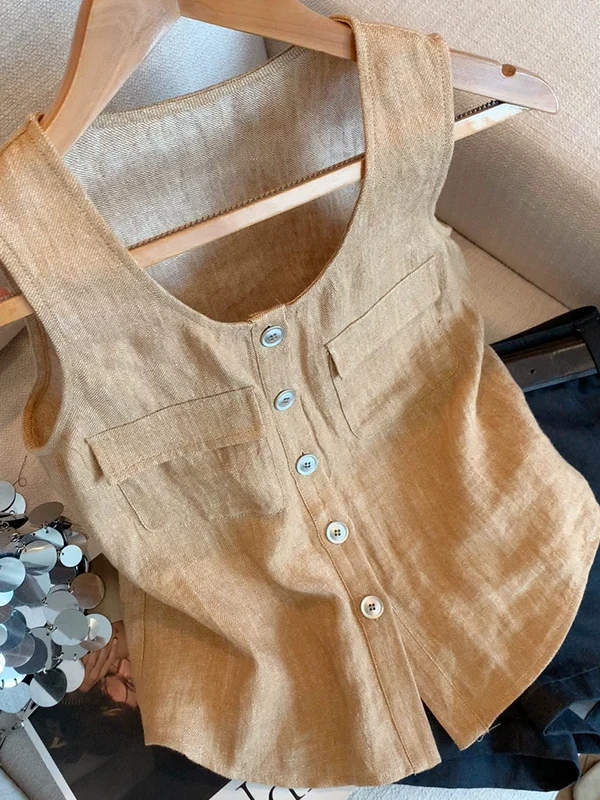 

Stylish Retro Large Size Women's Vest Top Fashionable Sleeveless Outerwear Summer New Arrival Casual Button up Cardigan