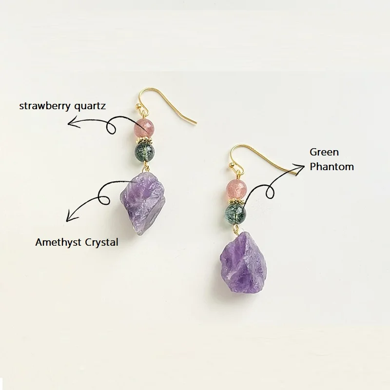 To be Rich Natural Raw Amethyst Crystal Green Phantom Drop Earrings Golden Handmade Bead Quartz Jewelry for Women