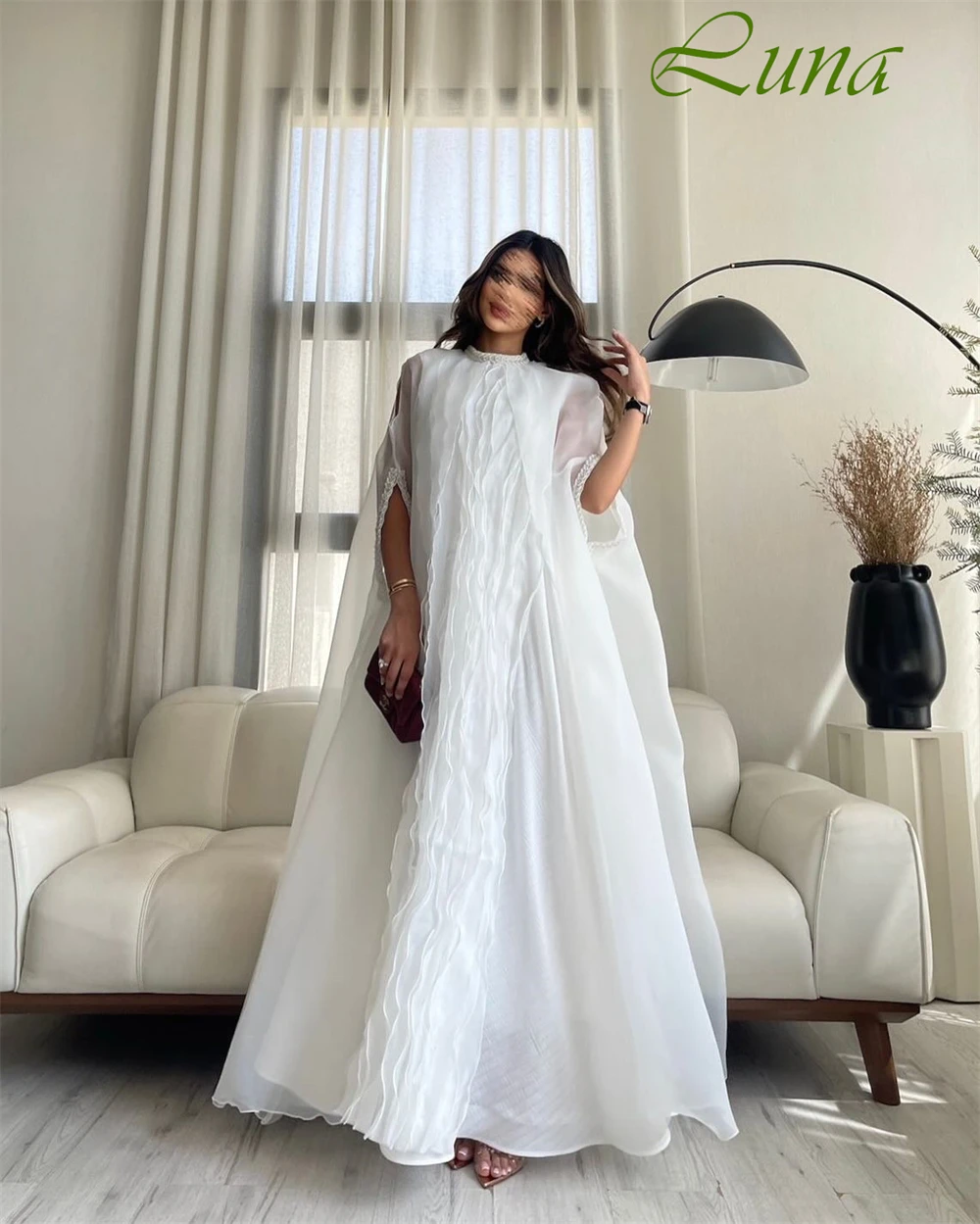 Robe de soirée classique personnalisée, col rond, demi-manches, en mousseline douce, froncée, robes de bal, tempérament, robes de mariée blanches