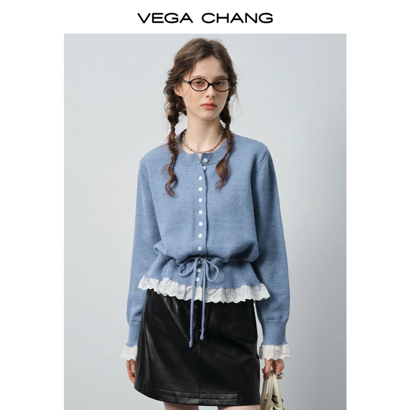 

Vega Chang Wool Knitwear Women's New Autumn and Winter Round Neck Cardigan Drawstring Hem Lace Trim Knitwear