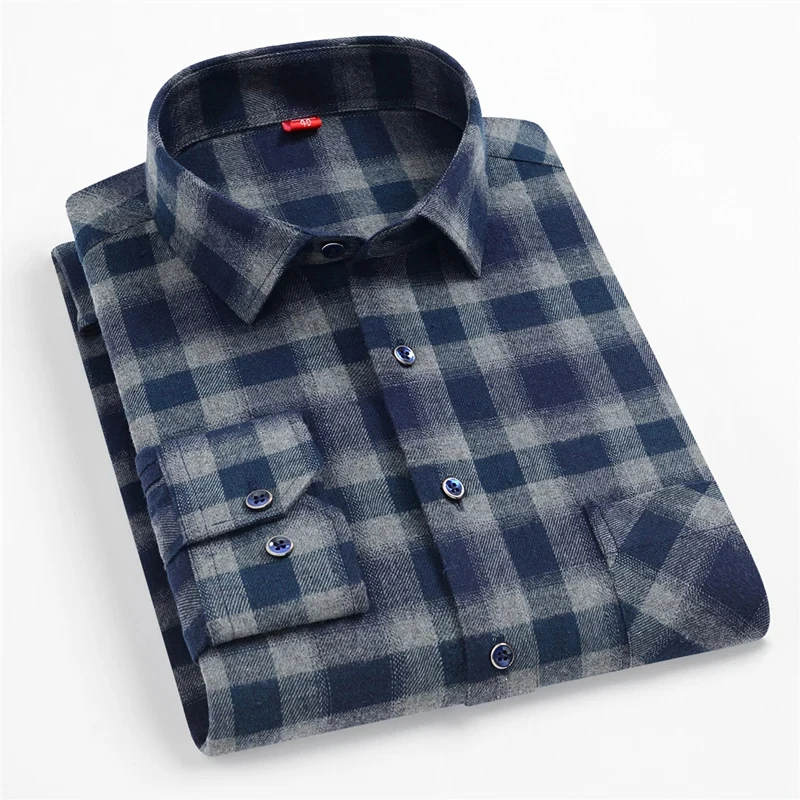 2024 New Men\'s Plaid Casual Shirts Spring Autumn Cotton Long Sleeve Front Pocket Fashion Clothing Businessman Daily Shirts 4XL