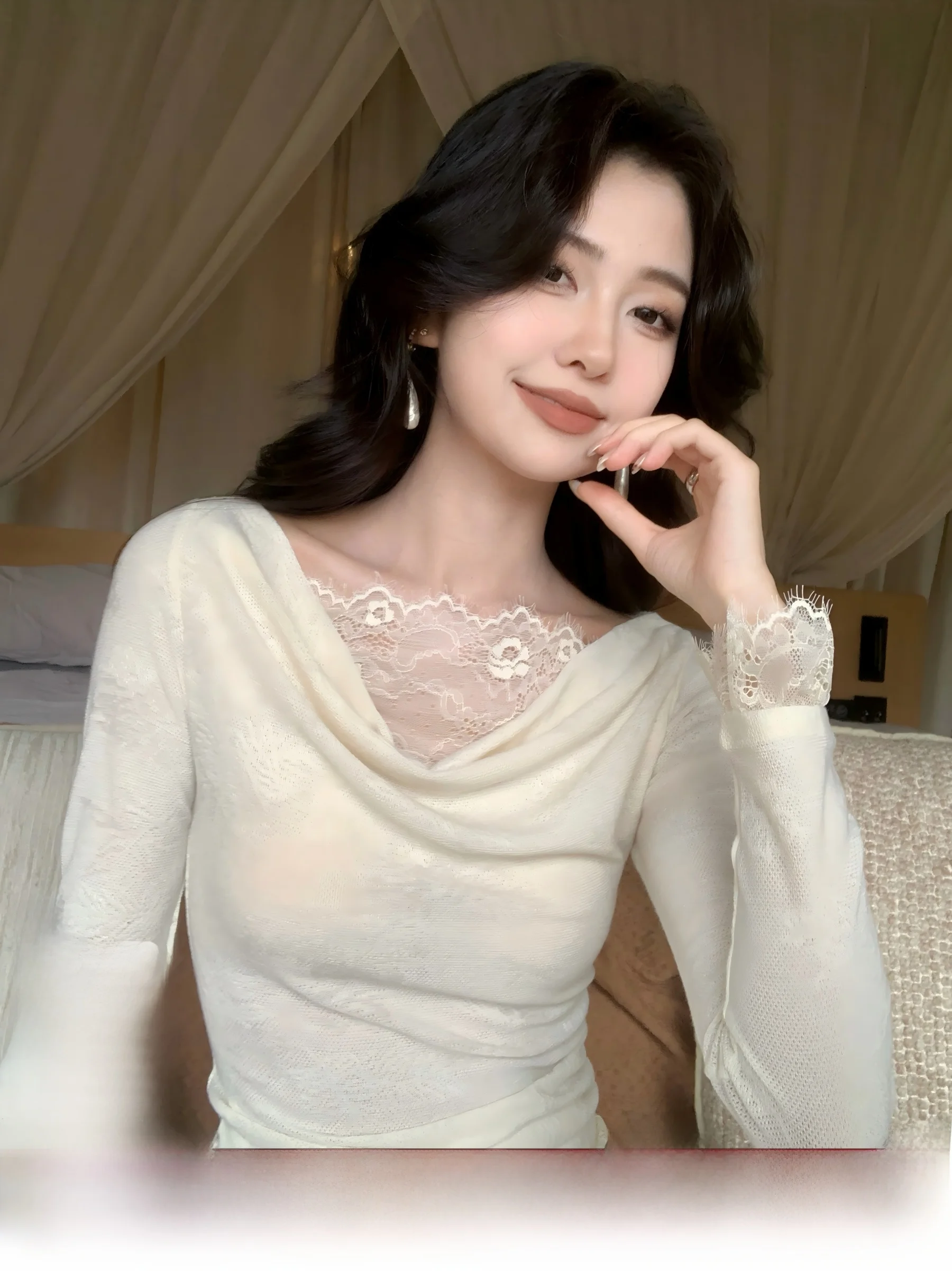 

Женский топ Slimming Long Sve с вязаными кружевными вставками и пэчворком, французский стиль, с завышенной талией, асимметричный, с вырезами