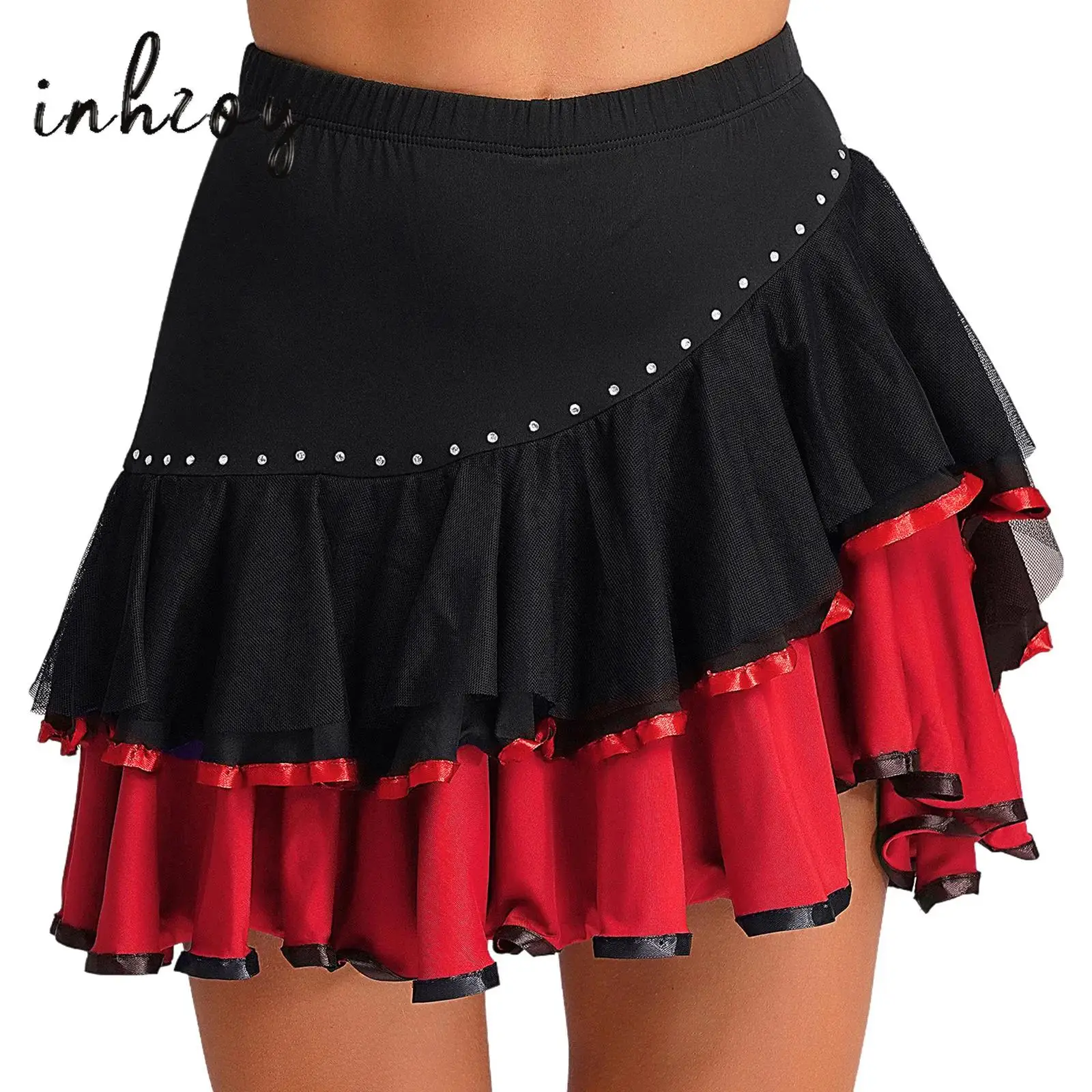 

Womens Latin Dance Dress Contrasting Ruffled Latin Practice Performance For Women Girls Competition Examination Dance Skirt