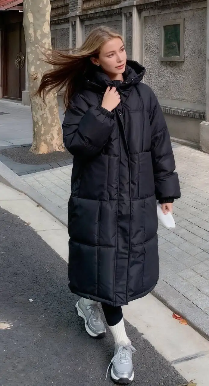 

Parkas Womens Hooded Autumn Polyester Double-Layered Snap-Button Over-The-Knee Flap Pocket Concealed Appliques Slimming Business