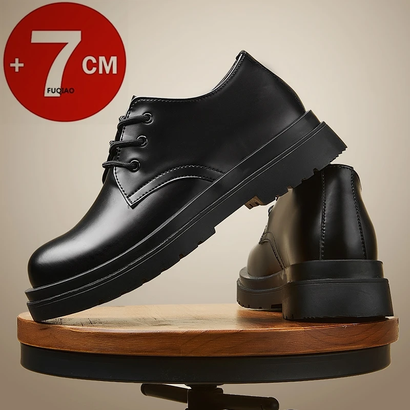 

Новинка 2023 года, мужские туфли-лифты из коровьей кожи, 7 см, невидимые, увеличивающие рост, на толстой подошве, на шнуровке, деловые повседневные деловые модельные туфли