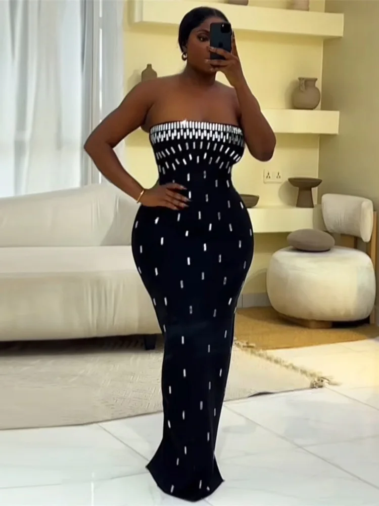 セクシーなストラップレスブラックグリッターラインストーンボディコン包帯ロングドレスノースリーブセレブイブニングパーティー誕生日プロムクラブガウン