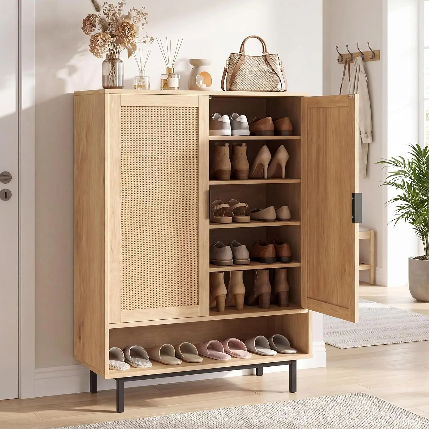 6-Tier Rattan Shoe Storage Cabinet, 2 Doors, Adjustable Shelves & Open Compartment, Freestanding Shoe Organizer for Entryway