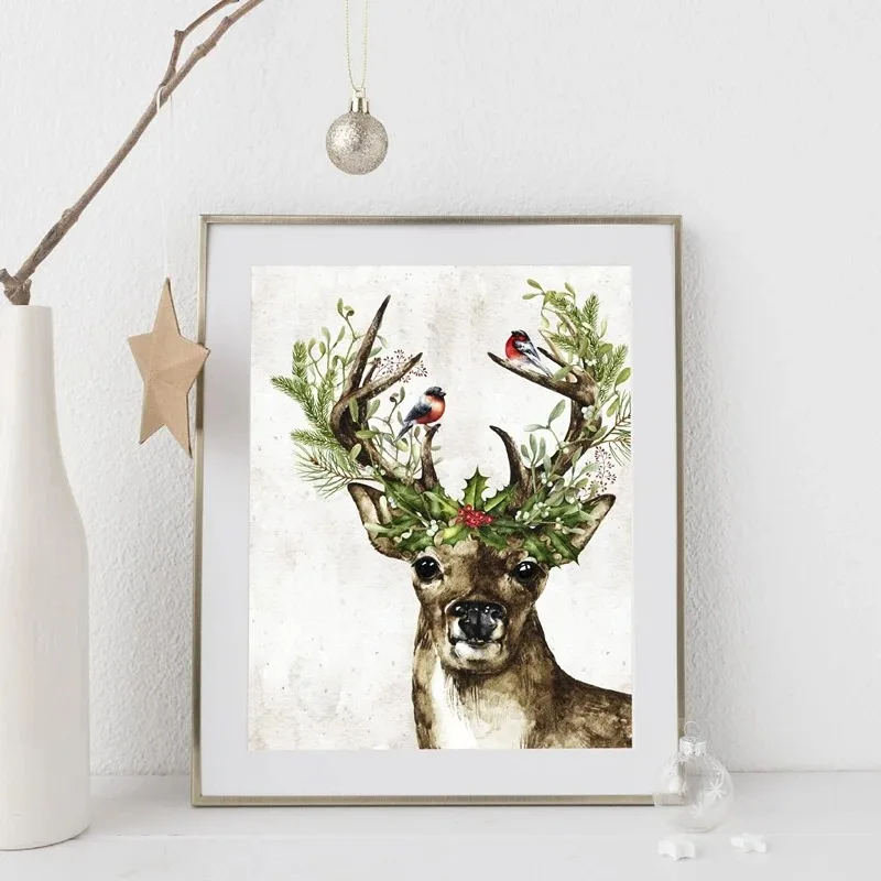 Woodland Animal Deer Print Winter Holly Berries Christmas Holiday Decoration Poster Wall Art Canvas Painting Farmhouse Decor