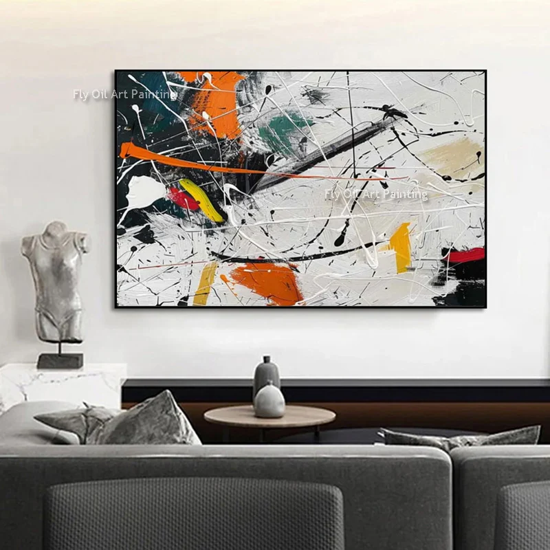 Abstract Popular Beige White Canvas Thick Artwork New Original Design Hand Painted Black White Oil Painting For Home Decor