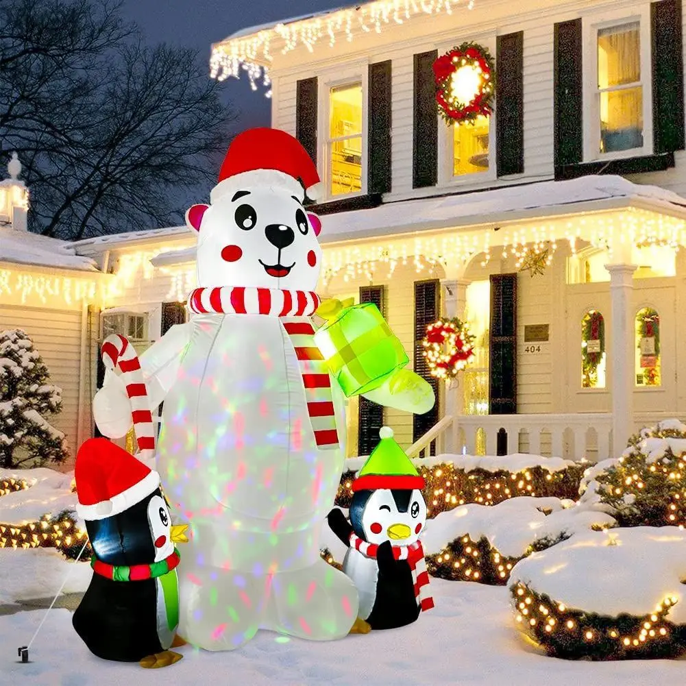 

6 Ft Christmas Inflatables Polar Bear with 2 Penguins Outdoor Decorations with Rotating LED Lights Xmas Yard Garden Party Decor