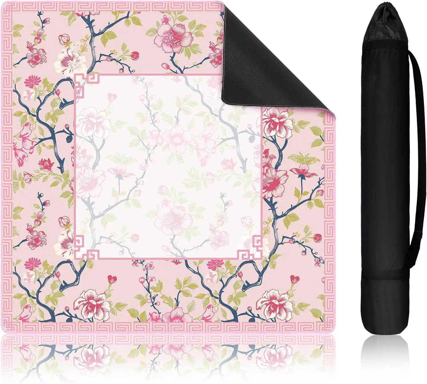 31.5 Inch Pink Green Chinoiserie Travel Mahjong Mat Cute Compact Game Table Cover for Dominoes Tile Games Portable Accessories