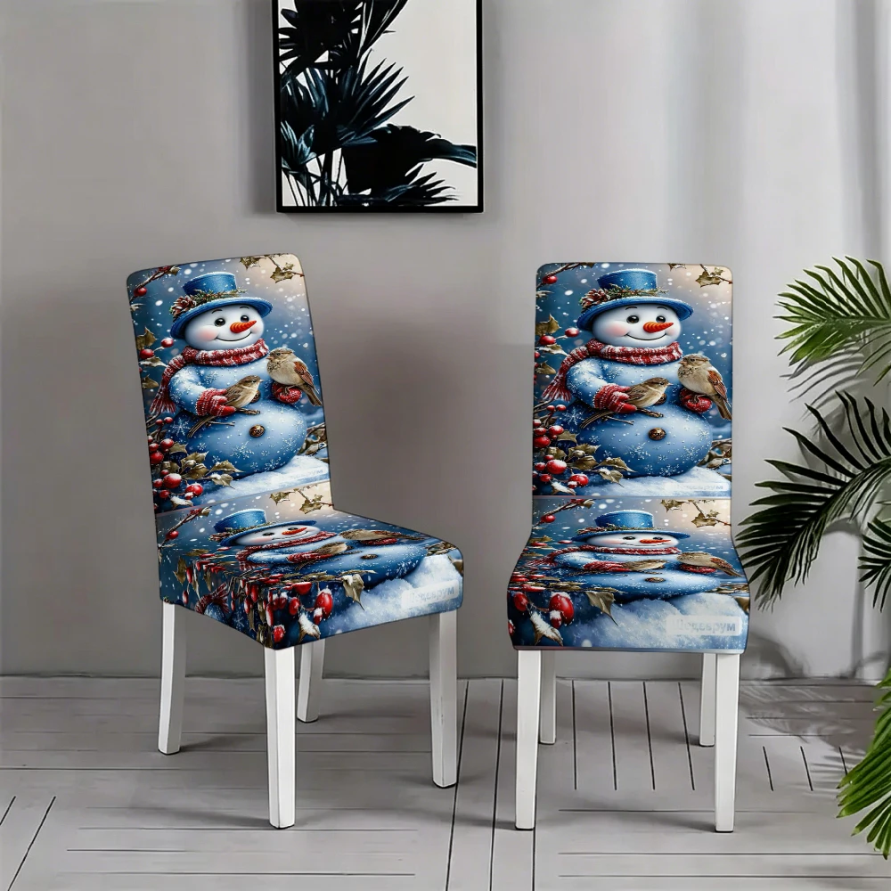Blue Top Hat Snowman Robin Bird Holly Red Berry Snowflake Dining Chair Slipcover Stretch Xmas Holiday Chair Cover