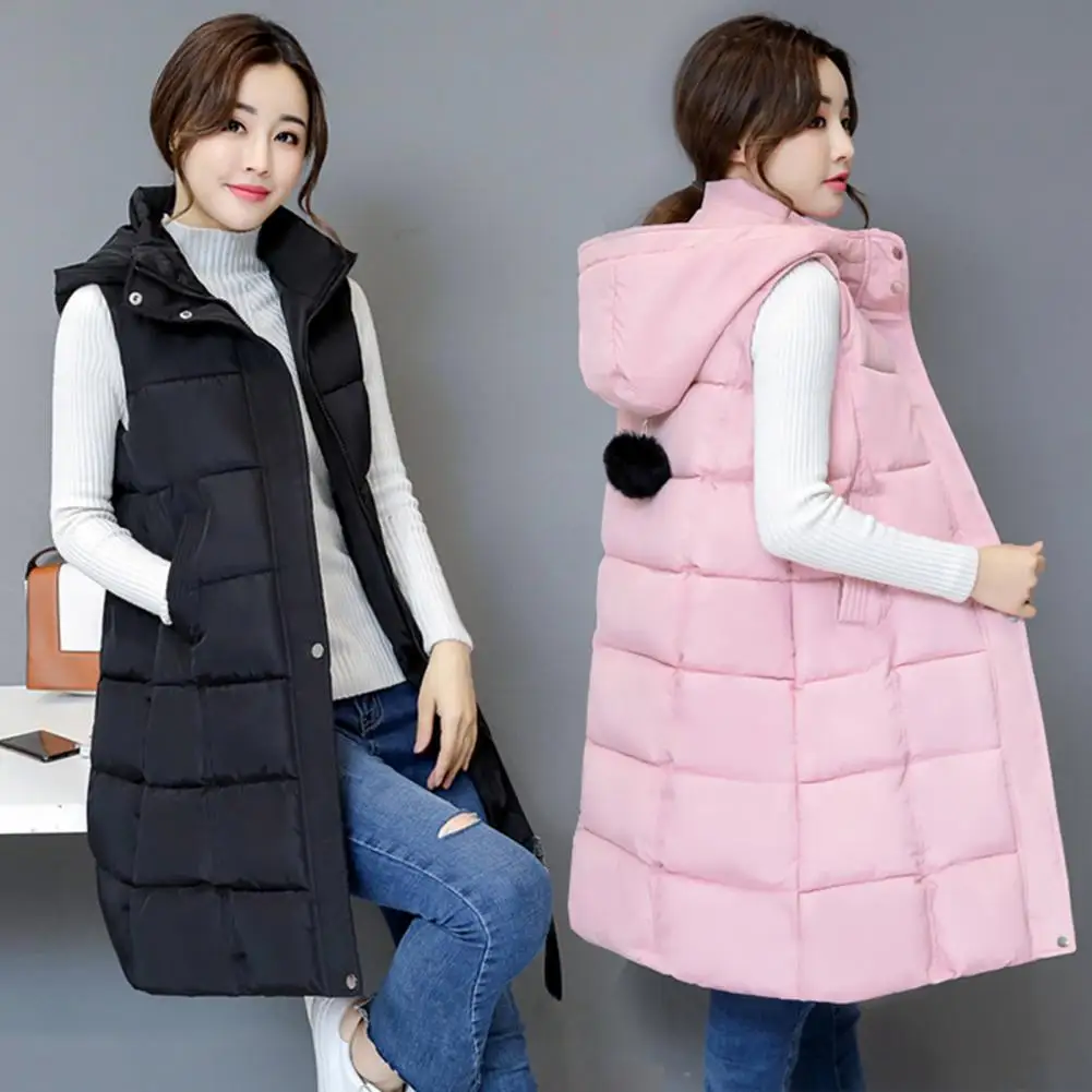 2024 New Winter Sleeveless Waistcoats Women Black Hooded Long Parkas Vest Warm Zipper Clothes Down Coats Parka Outerwear