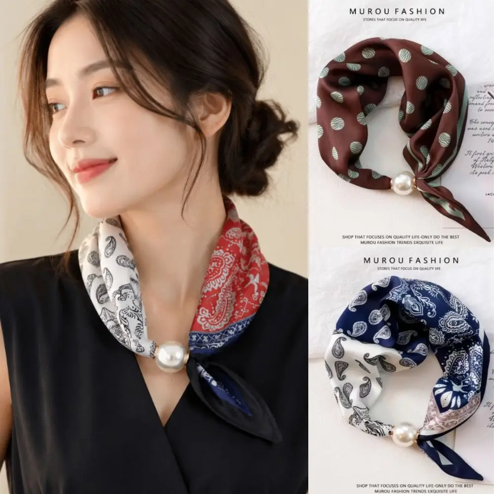 New Breathable Silk Scarf Printed Pearl Buckle Magnetic Snap Scarf Lightweight Soft Faux Pearl Scarf for Neck Wrap view 2