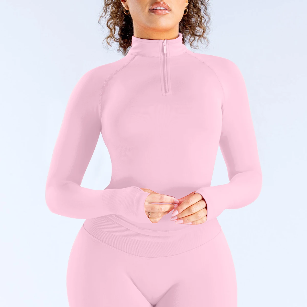 Damen Halb-Reißverschluss Langarm Yoga-Oberteil mit Daumenloch, Slim Fit, Dehnbares Sport-Workout-Lauf-Fitness-Shirt