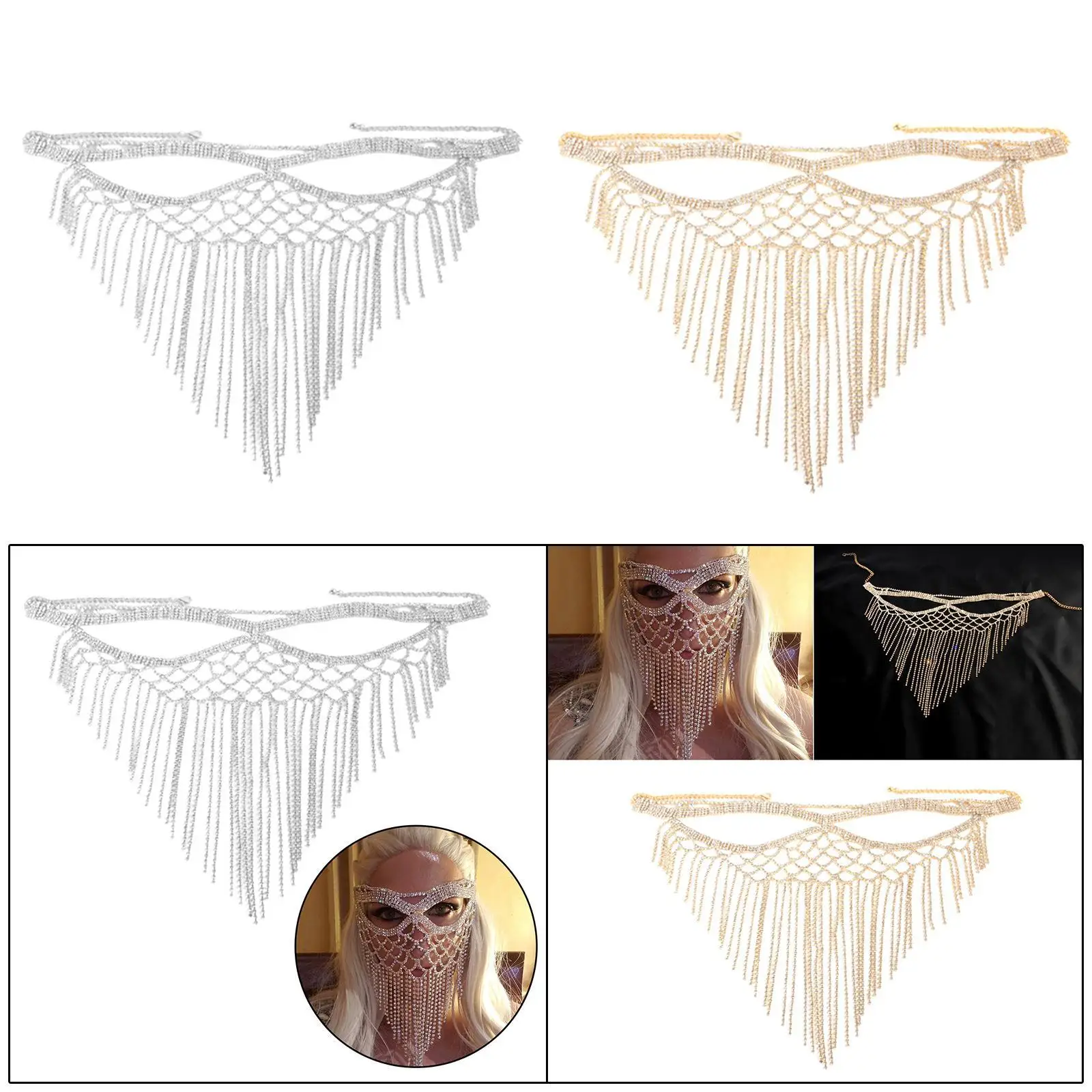 

Rhinestone Tassel Masquerade Mask Face Chain Costume Mask, Elegant, Decor Headwear Tassel Veils for Themed Party Dressing up