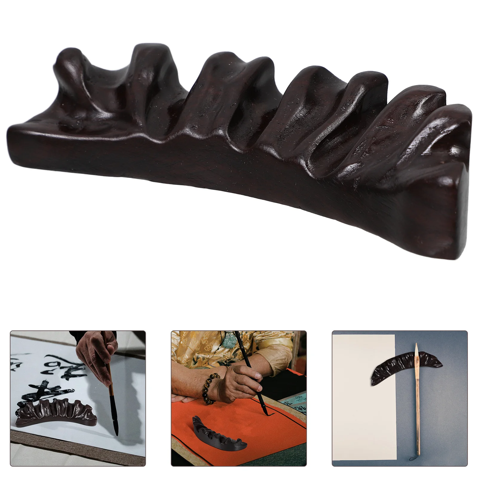 

Vintage Wooden Calligraphy Brush Holder Chinese Blackwood Root Carving Pen Mountain Design Brush Rest Paperweight for Writing