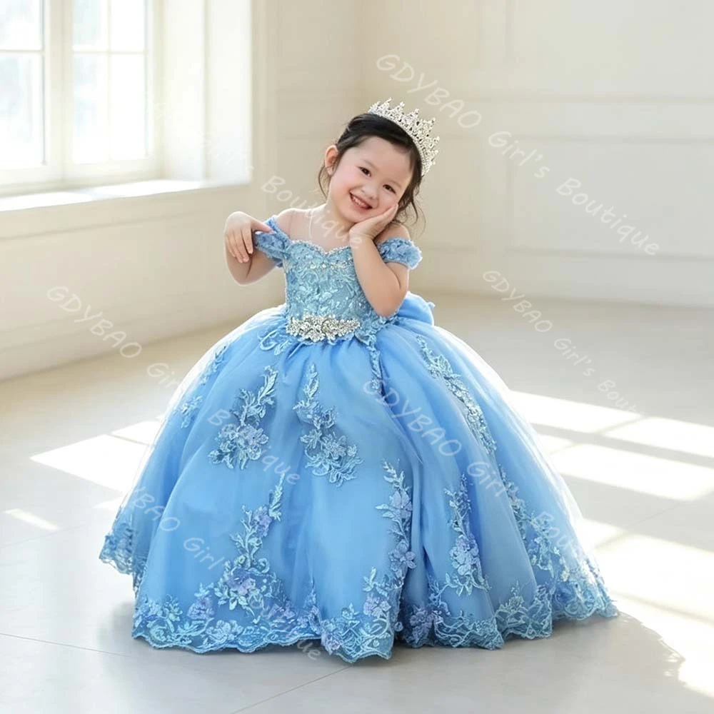 Elegant Flower Girl Dress for Wedding Kids Drop Shoulder Appliqued Tulle Princess Pageant Dress With Train/Bow Custom Party Gown