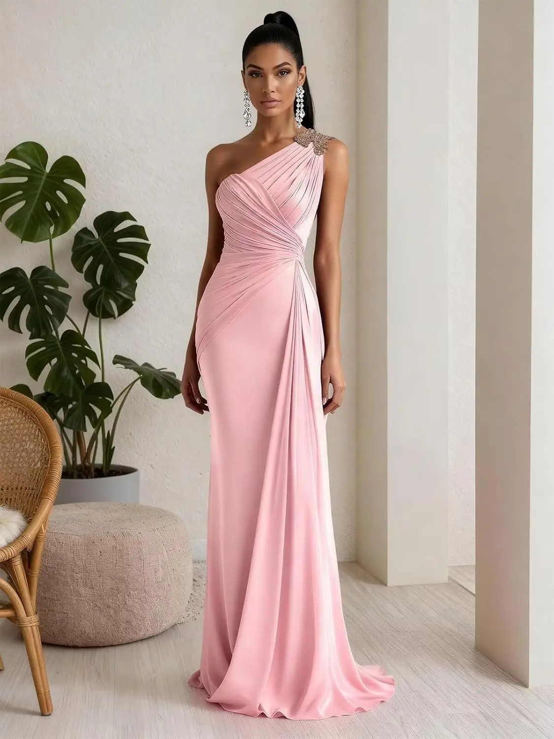 

One Shoulder Bridesmaid Dresses Chiffon Pleated Cocktail Gown Mermaid Beaded Formal Prom Dress for Women