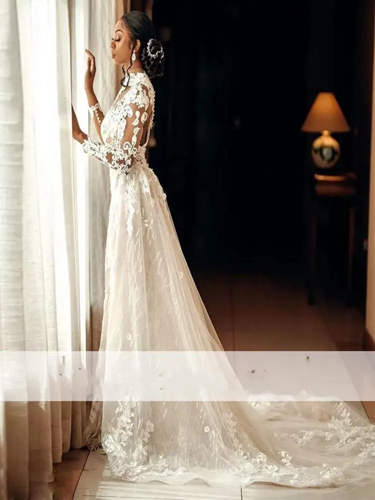 Charming High Neck See Through Applique African Wedding Dresses with Detachable Train   Full Sleeves  Robe Mariée Bridal Gowns