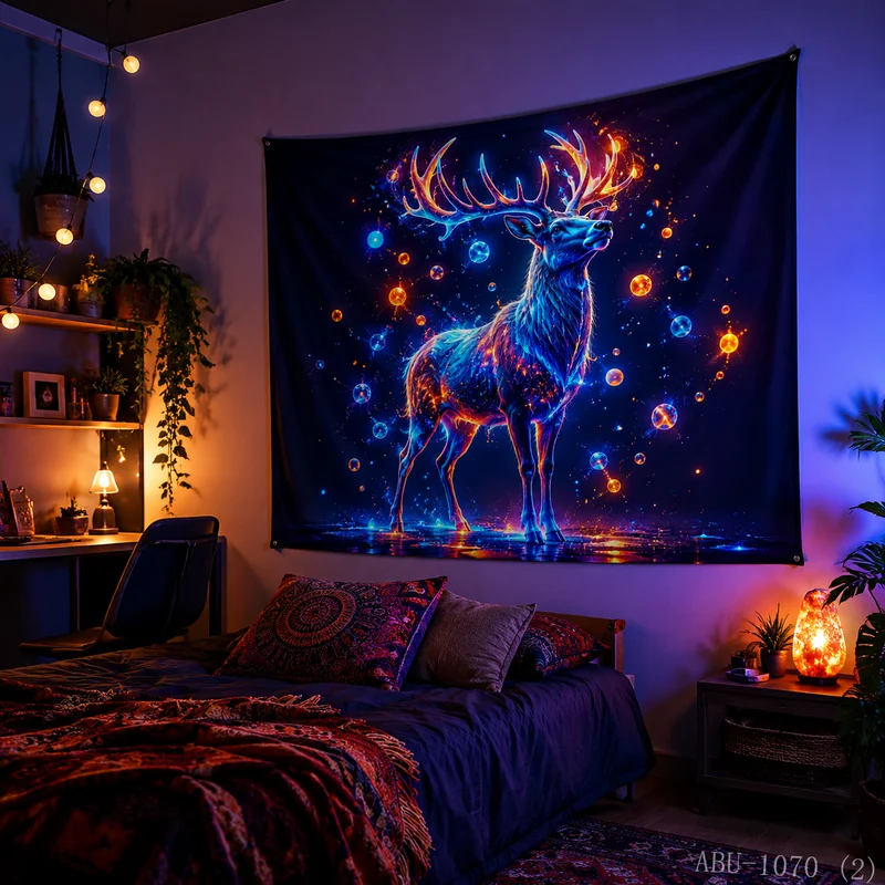 VIKAMA Pixel Neon Grid Reindeer Christmas Tapestry, High-Def Background Fabric, Ideal for Party Room Festive Decor